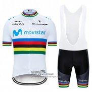 2019 Fietsshirt UCI Wereldkampioen Movistar Wit Blauw Korte Mouwen en Koersbroek